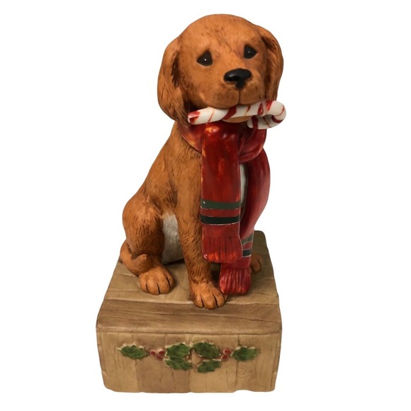 Vtg Gordon Fraser 1984 Ceramic Brown Dog w/ Candy Cane Scarf Christmas Musical - Picture 1 of 8